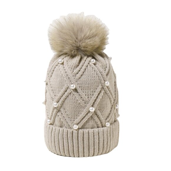 2/$30 Beige Stylish Knit Beanie with Faux Fur Pom-Pom & Pearl Embellishments - Picture 1 of 4